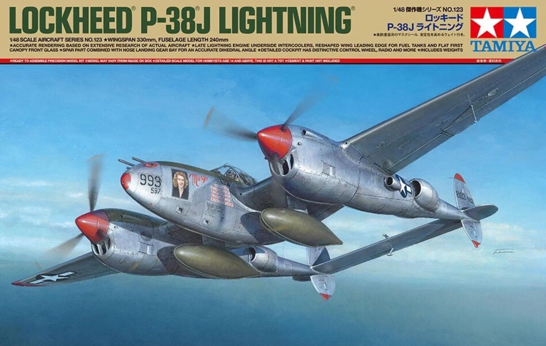 Tamiya 61123 1/48 Scale Model Aircraft Kit WWII USAF Lockheed P-38 J Lightning