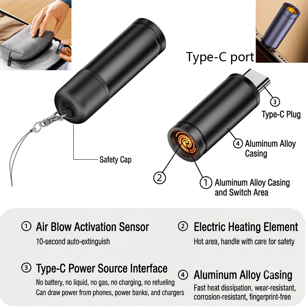 A910 Portable cigarette lighter adapter with a Type-C connector; simply plug it into a mobile phone or other device to use.