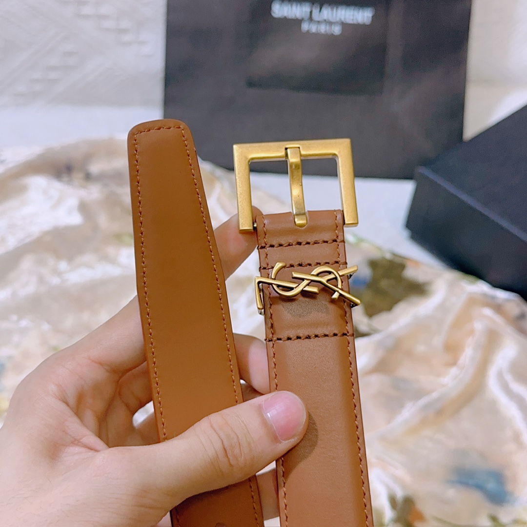 YSL Saint Laurent square buckle belt with CASSANDRE logo belt loop.