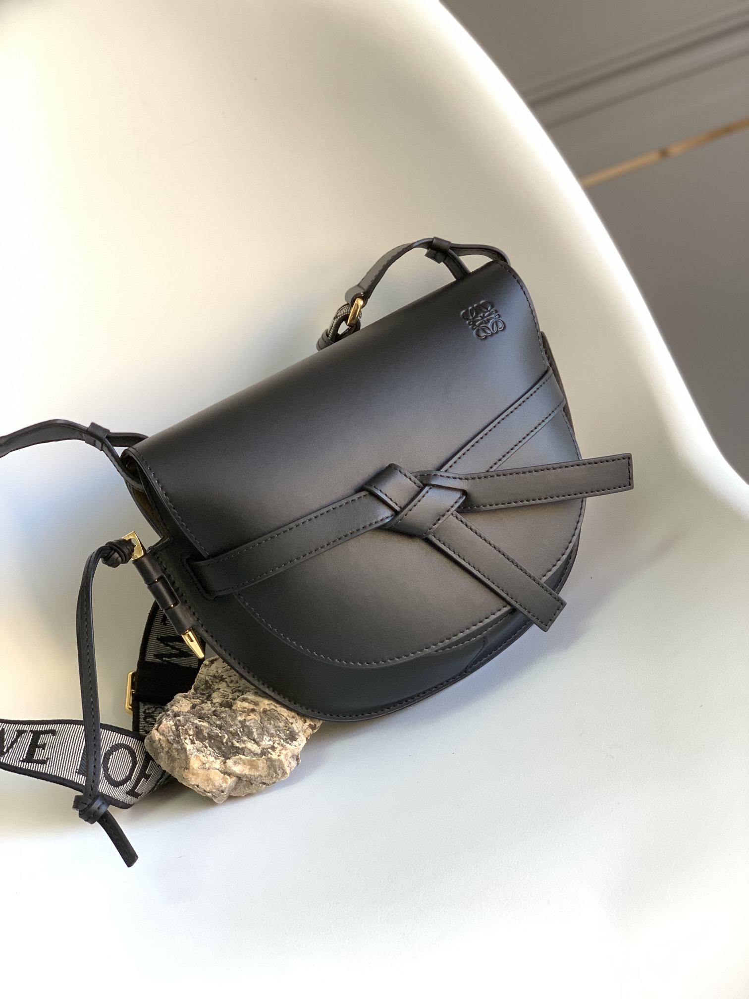 Loewe Women Small Gate Bag in Soft Calfskin and Jacquard-Black