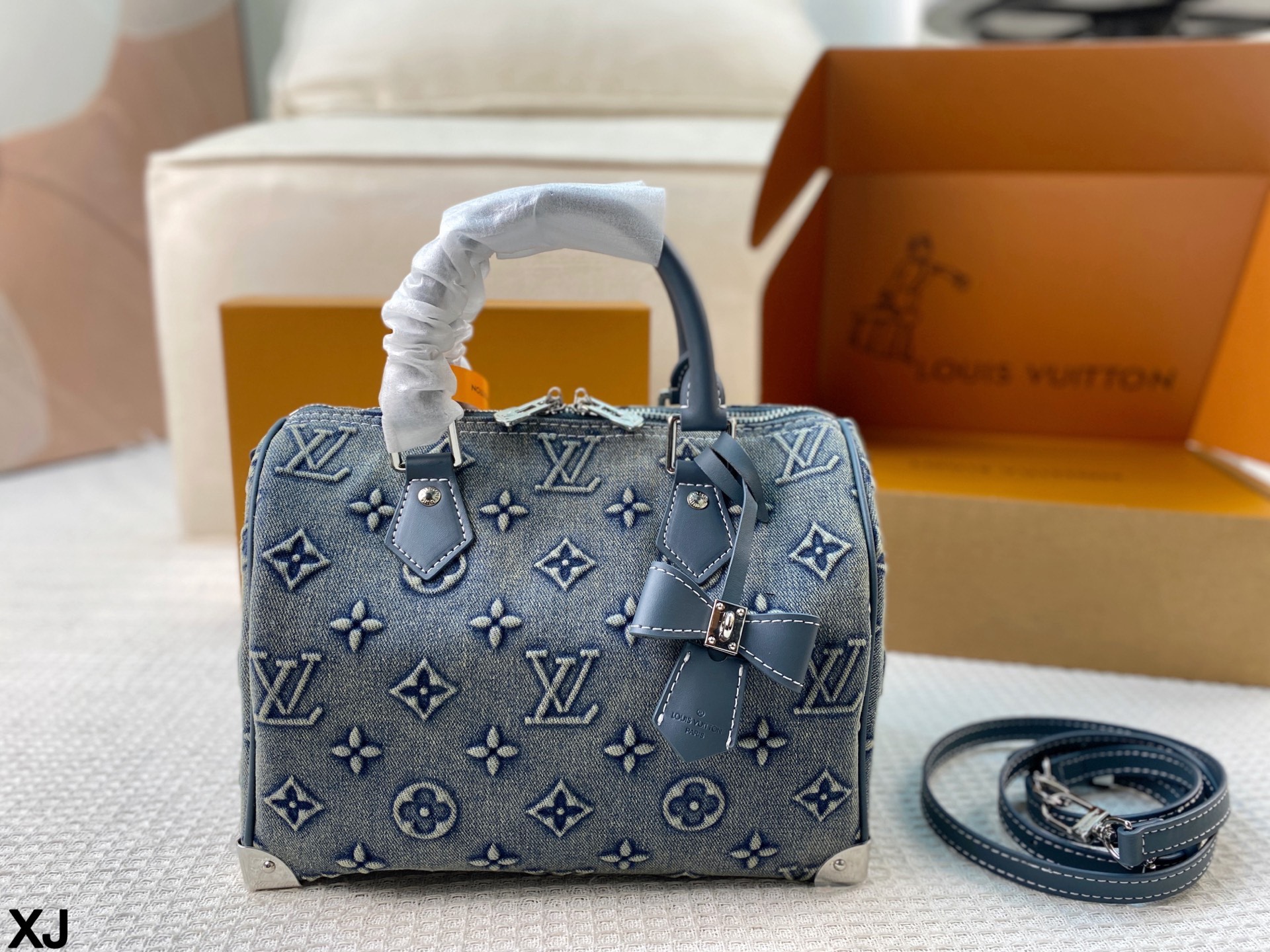 LV Speedy washed denim pillow bag