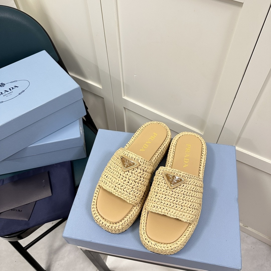 Prada Woven straw slippers