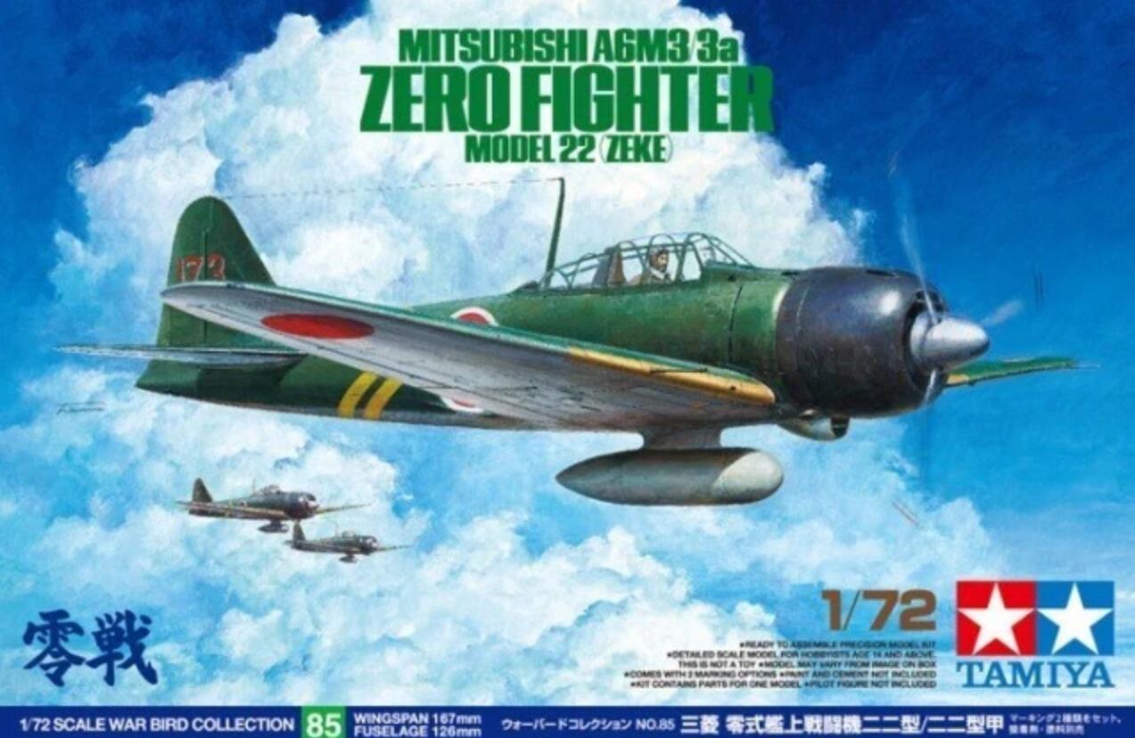 Tamiya 60785 1/72 Scale Model Kit Mitsubishi A6M3/3a Zero Fighter Type 22 Zeke