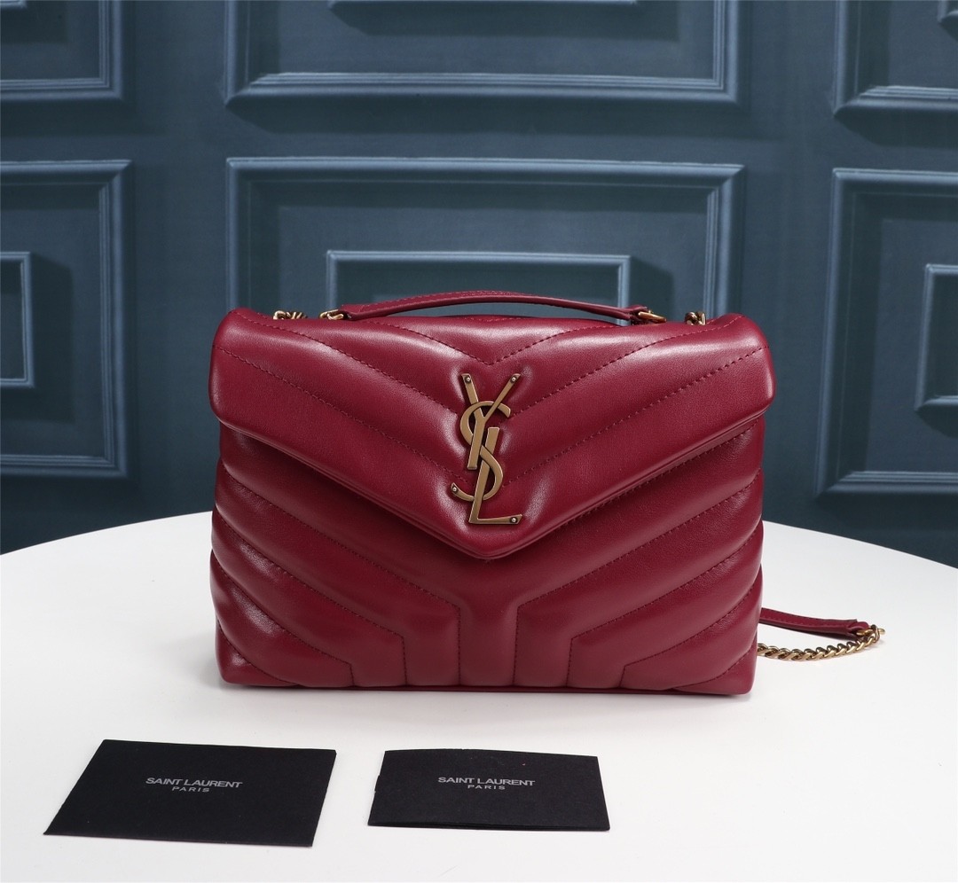 Top Quality YSL Saint Laurent  Calfskin Y Quilted Monogram Small Loulou Chain Satchel Red