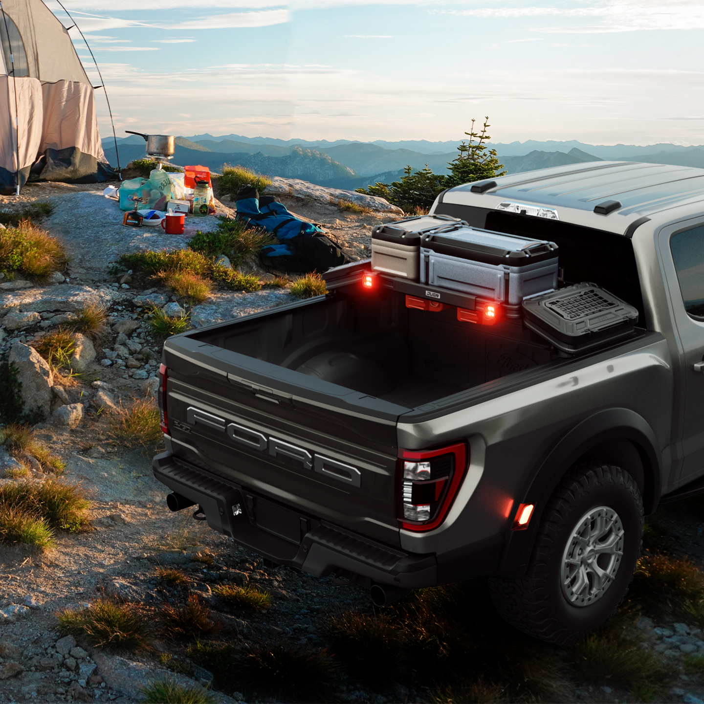 RAM 1500 Truck Bed Cargo Storage Rack - Trunk light Tool Box Tray Basket Lights on Tonneau Cover - JUSNDESIGN