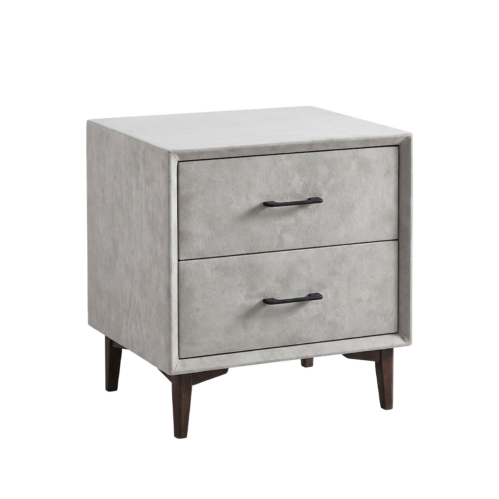 Italian-style light grey flannel double-drawer nightstand