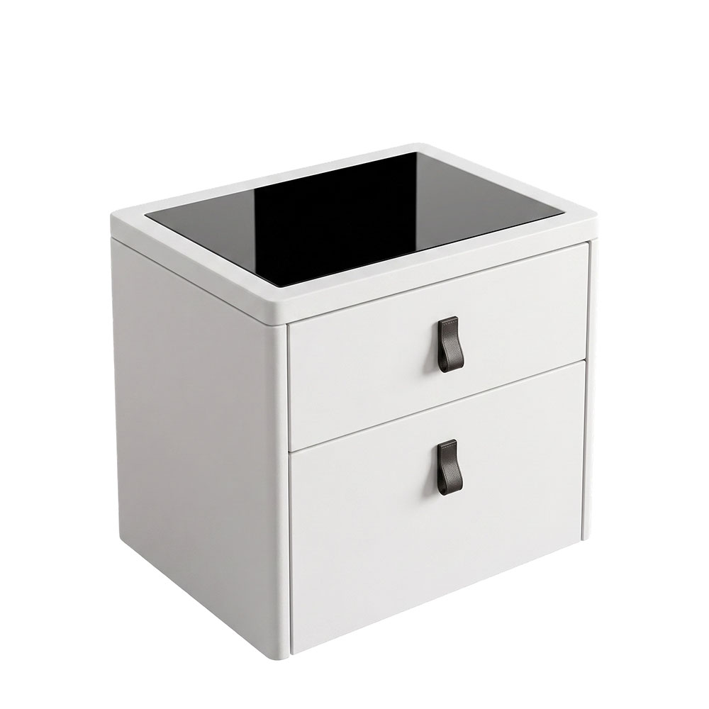 Light grey tempered glass double-drawer nightstand