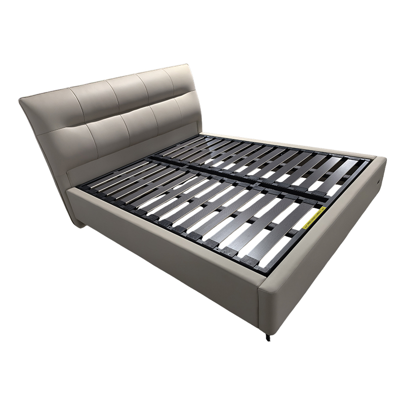 Italian Minimalist Square Upholstered Genuine Leather Bed – Silent Slat Double Bed for Master Bedroom