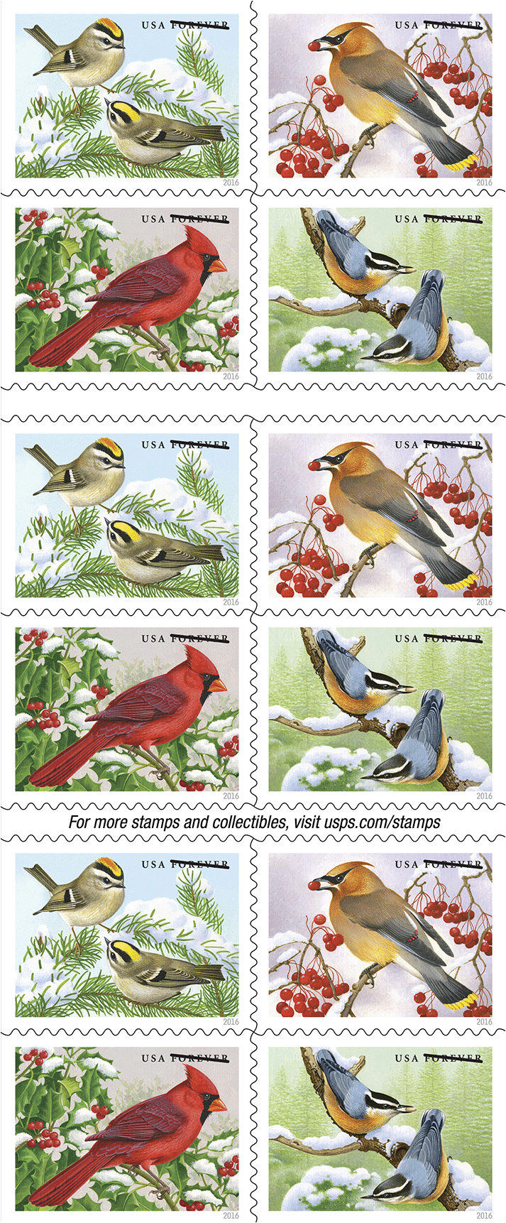2016 Forever Stamps Songbirds In Snow