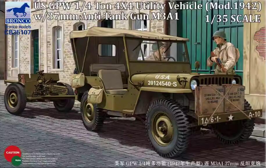 BRONCO CB35107 1/35 US GPW 1/4 Ton 4x4 Utility Vehicle w/37mm Anti-Tank Gun M3A1