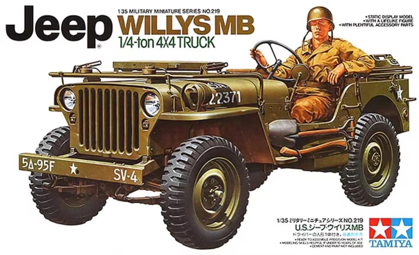 Tamiya 35219 1/35 Scale Military Model Kit US Army Jeep Willys MB 1/4 Ton Truck