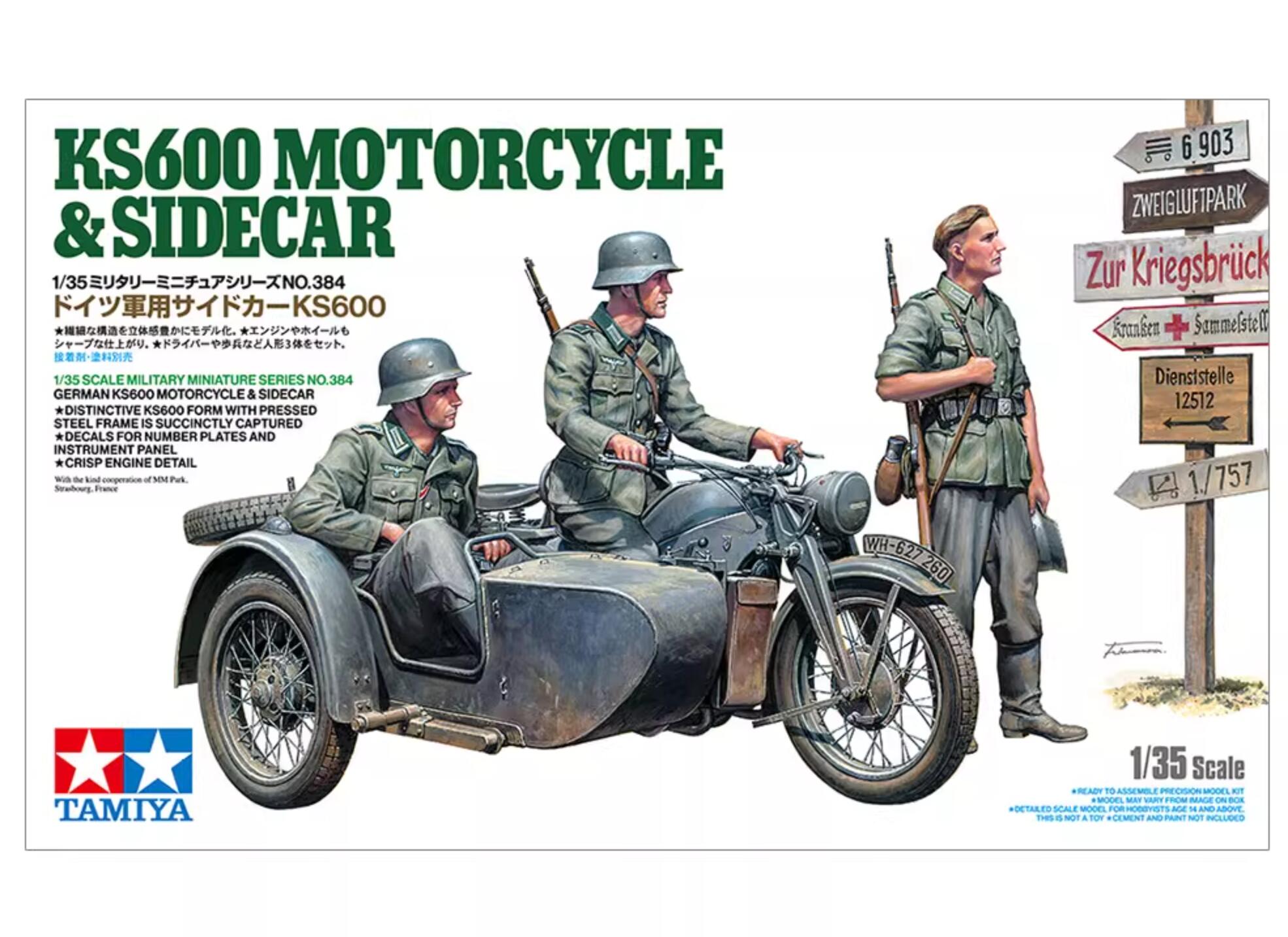Tamiya 35384 1/35 Scale Military Model Kit WWII German KS600 Motorcycle &Sidecar