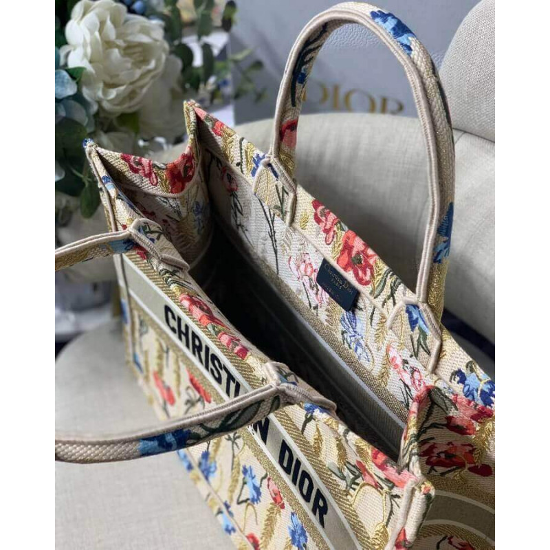 Replica Dior Small Book Tote In Hibiscus Metallic Thread Embroidery M1296