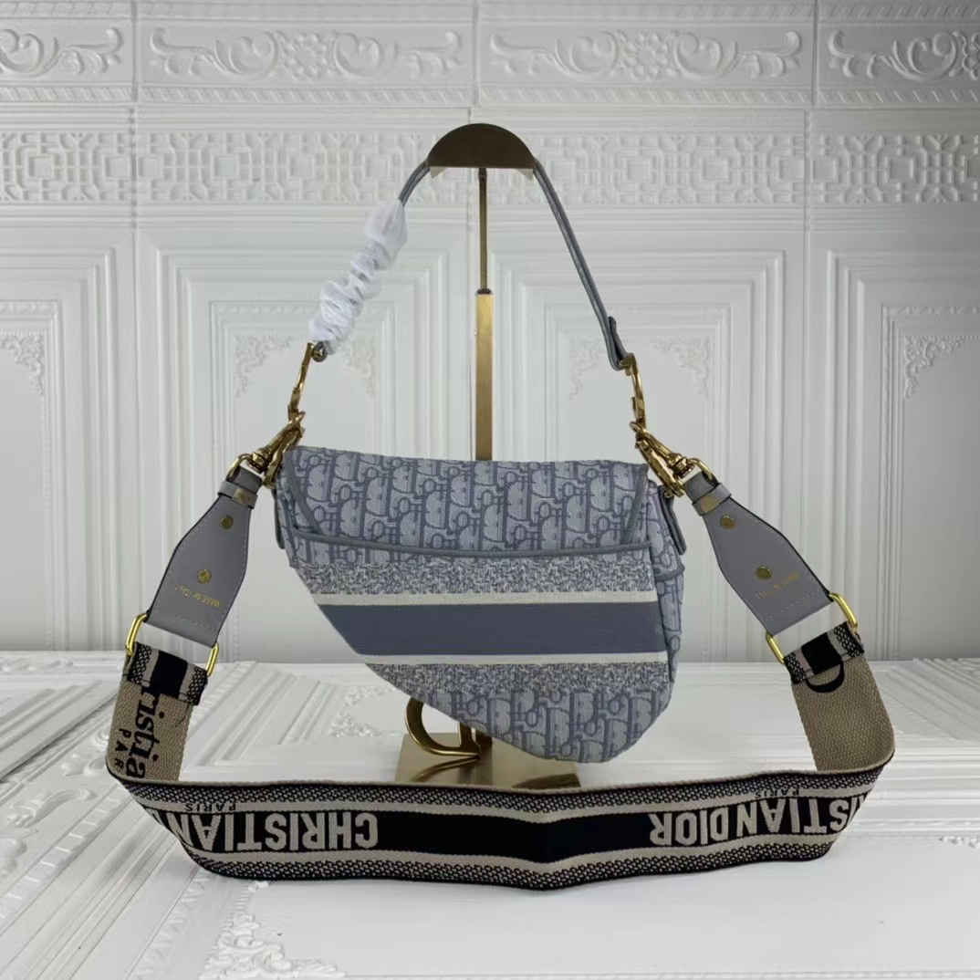 Replica Dior Navy/Gray Oblique Embroidery Saddle Bag