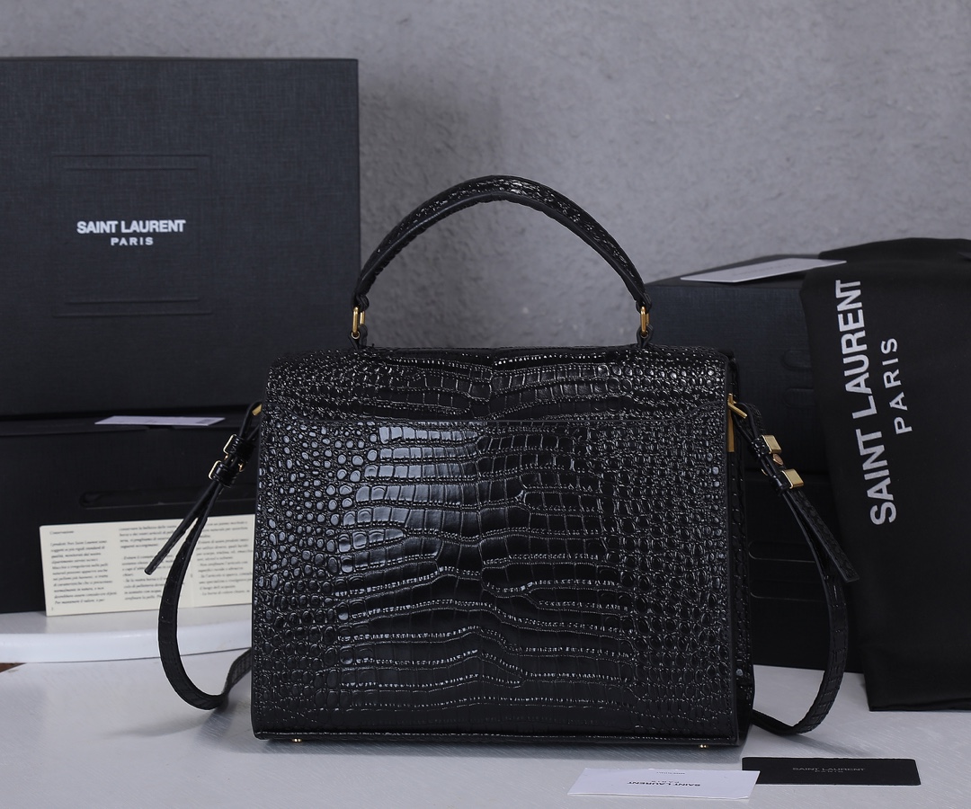 Replica Ysl Cassandra Medium Top Handle Bag In Crocodile-Embossed Shiny Leather