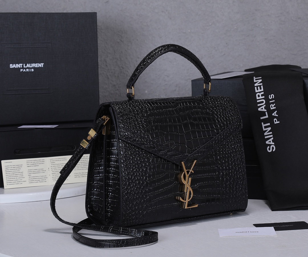 Replica Ysl Cassandra Medium Top Handle Bag In Crocodile-Embossed Shiny Leather