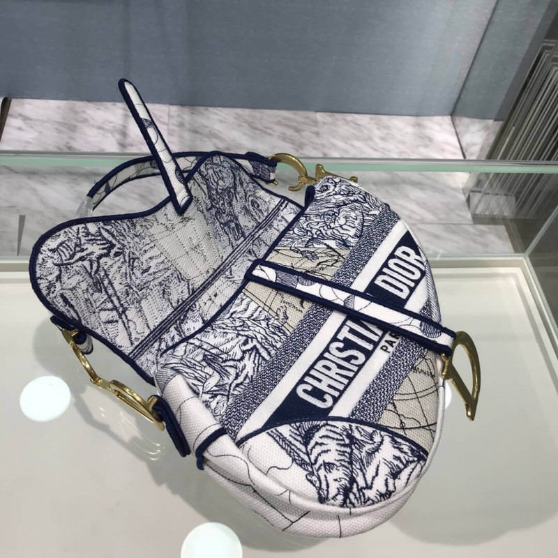 Replica Christian Dior Saddle Bag In Blue Camouflage Embroidery M0446