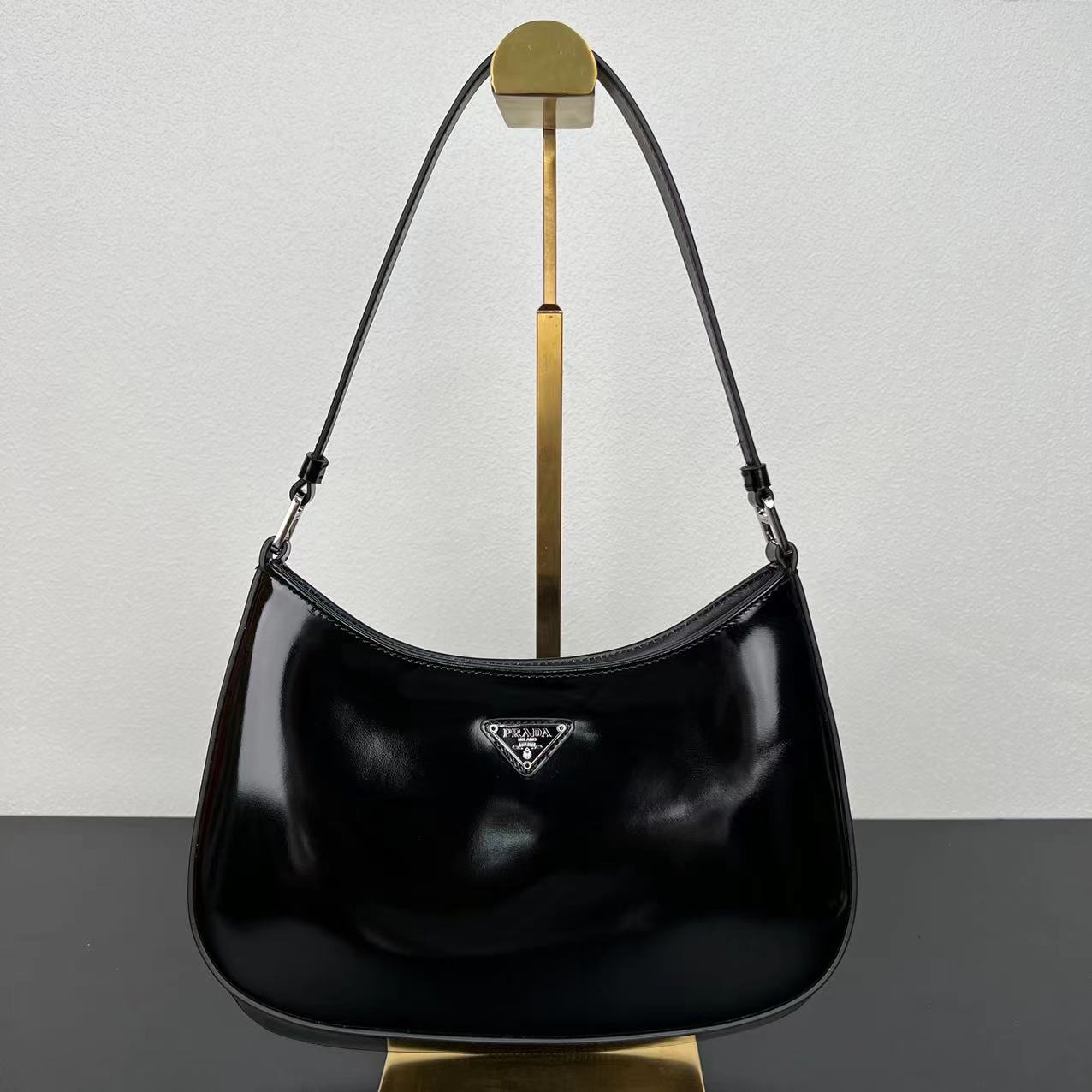 Replica Prada Cleo Brushed Leather Shoulder Bag With Flap 1Bc499 Black/Silver