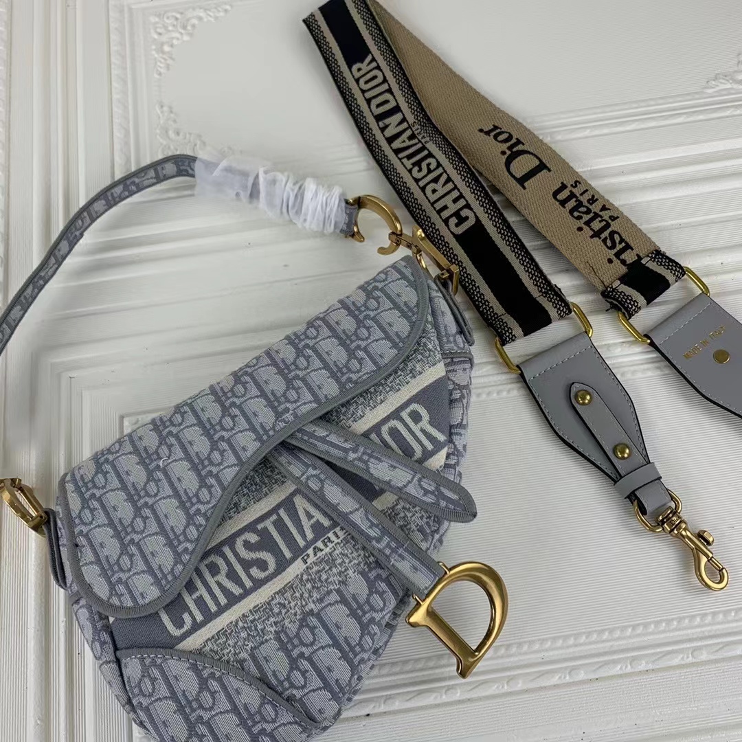 Replica Dior Navy/Gray Oblique Embroidery Saddle Bag
