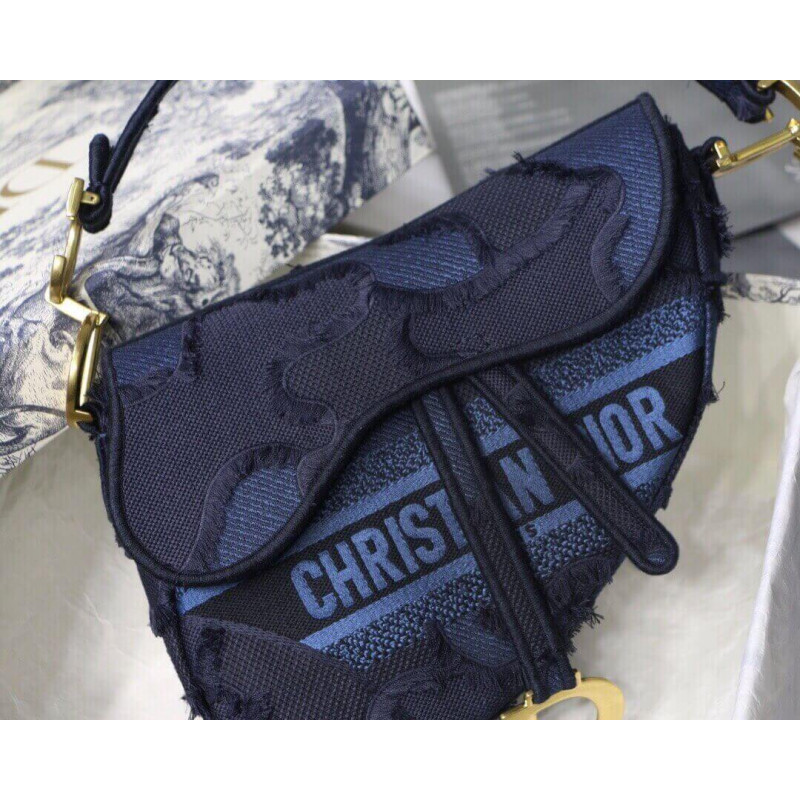 Replica Dior Saddle Bag Blue Camouflage Embroidery M0446