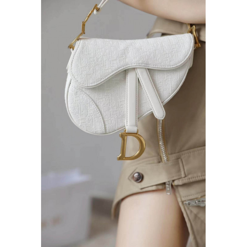 Replica Christian Dior Mini Saddle Bag In White Oblique Jacquard M0447