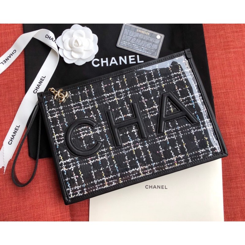 Replica Chanel Large Tweed Pvc Logo Pouches Ap0360
