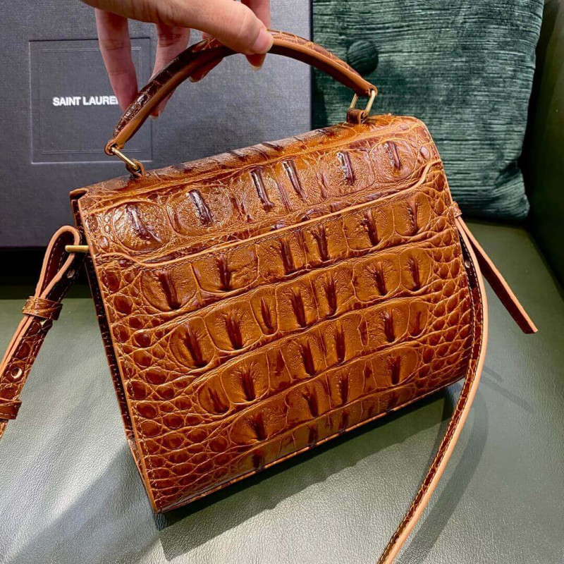 Replica Ysl Saint Laurent Cassandra Mini Top Handle Bag In Caiman Embossed Leather 602716 Brown