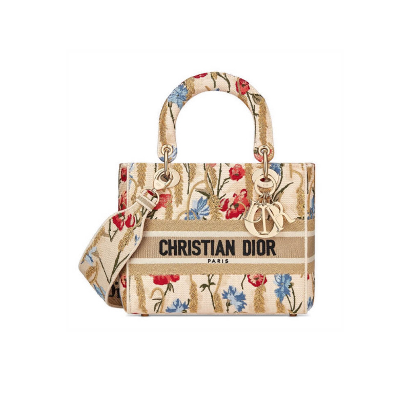 Replica Dior Medium Lady D-Lite Hibiscus Metallic Thread Embroidery Bag M0565