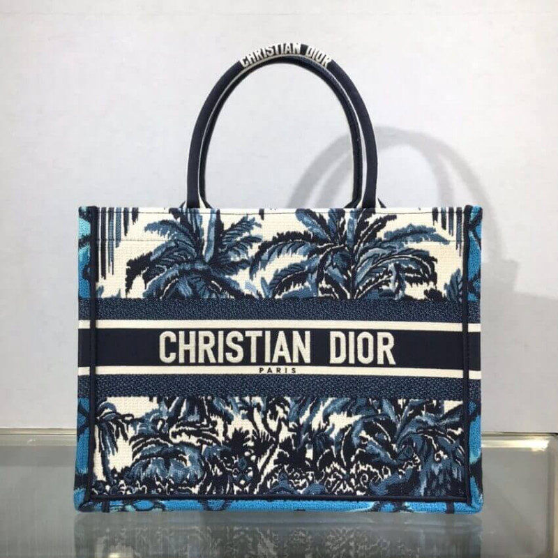 Replica Dior Small Book Tote In Blue Palms Embroidery M1296
