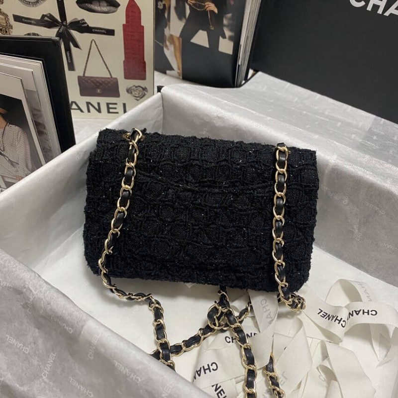 Replica Chanel 20Cm Classic Flap Bag In Black Tweed 1116