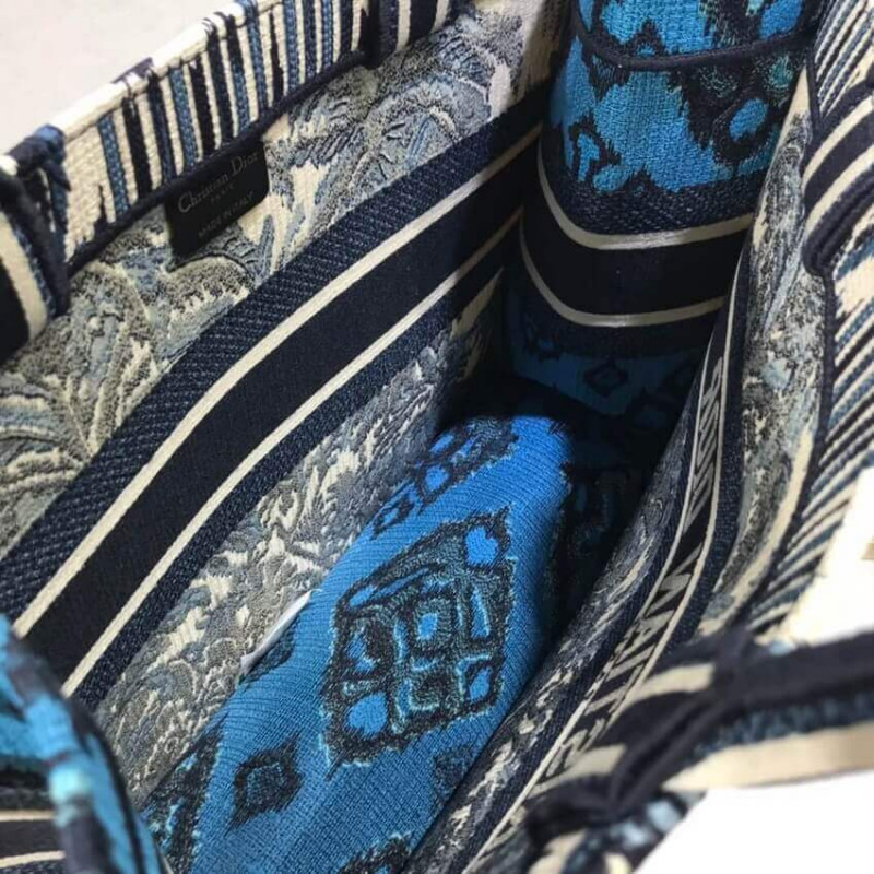 Replica Dior Small Book Tote In Blue Palms Embroidery M1296