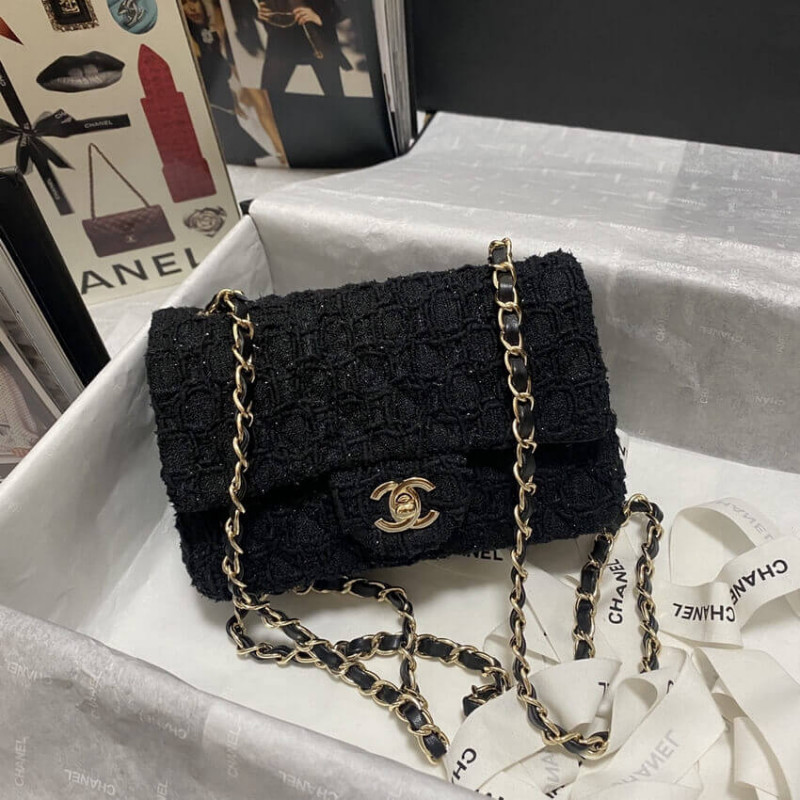 Replica Chanel 20Cm Classic Flap Bag In Black Tweed 1116
