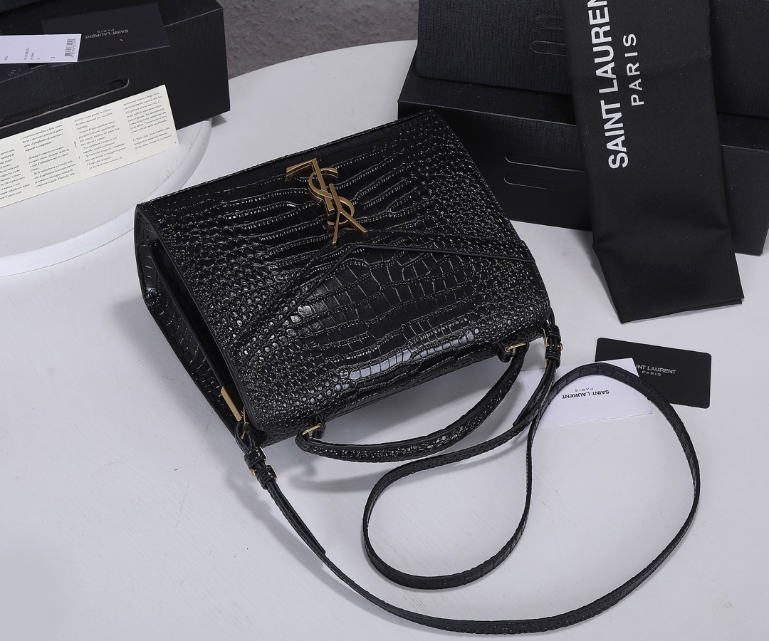 Replica Ysl Cassandra Medium Top Handle Bag In Crocodile-Embossed Shiny Leather