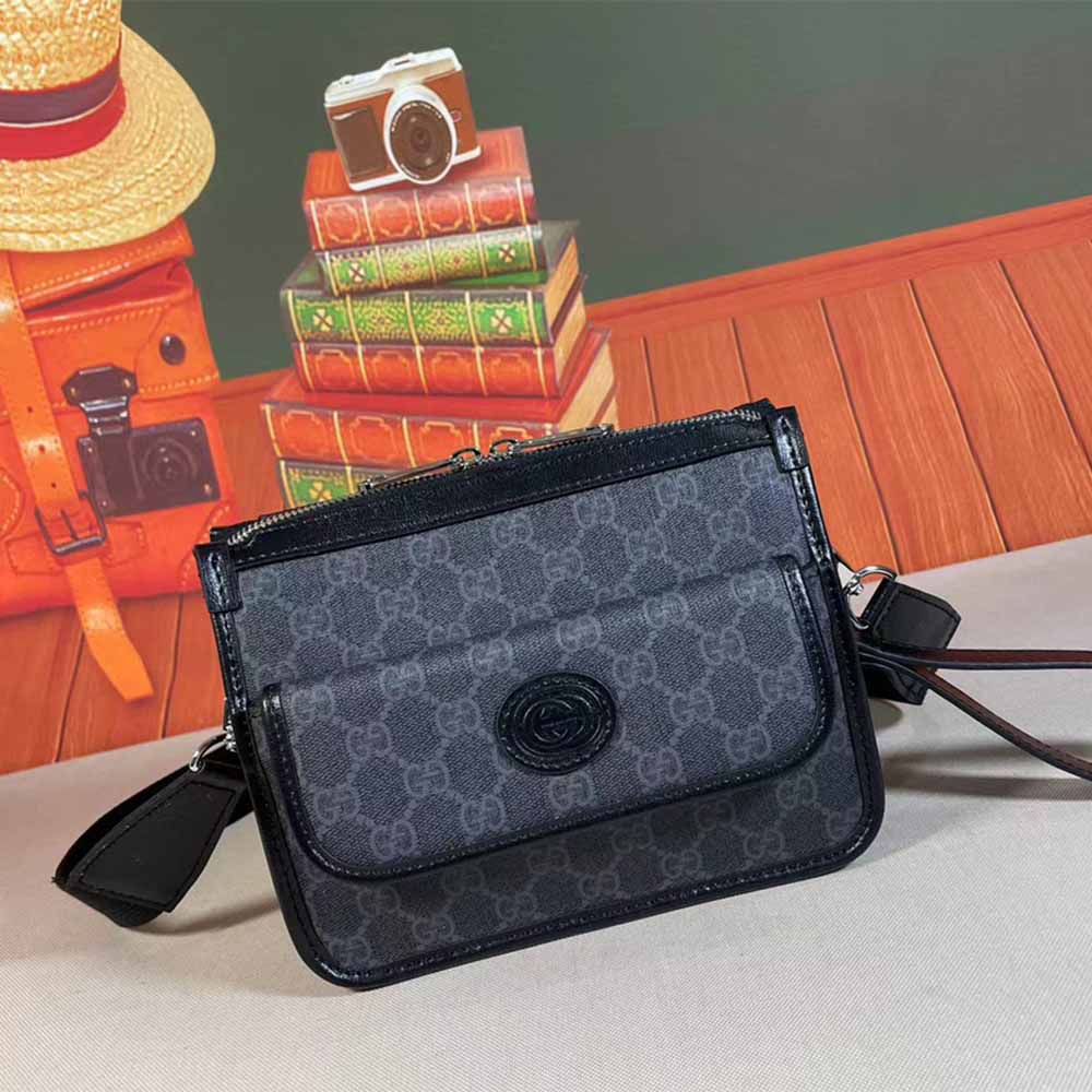 Replica Gucci Messenger Bag With Interlocking G Black/Grey 674164
