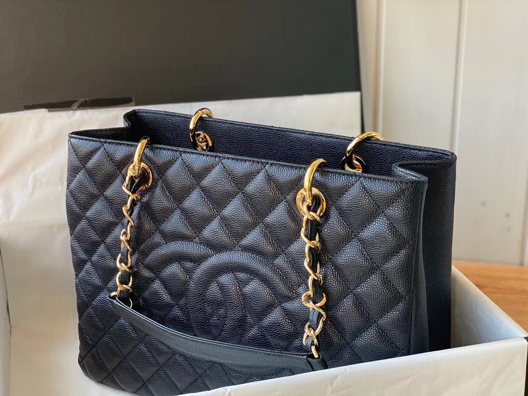 Replica Chanel Grand Shopping Black Tote Quilted Caviar A50995