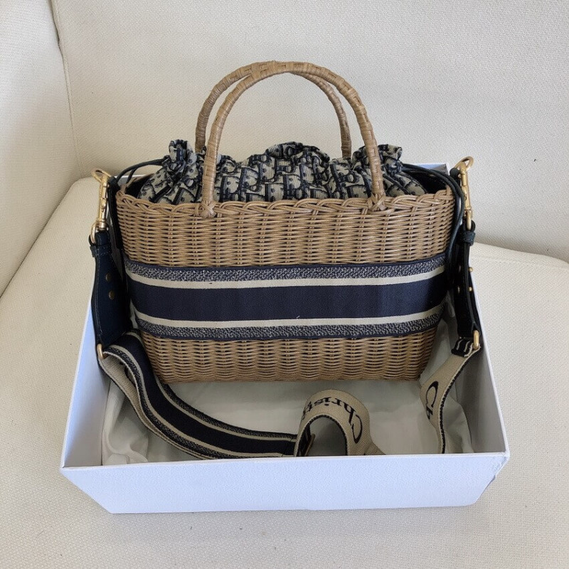 Replica Christian Dior Wicker Basket Shoulder Bag Blue Oblique M7601
