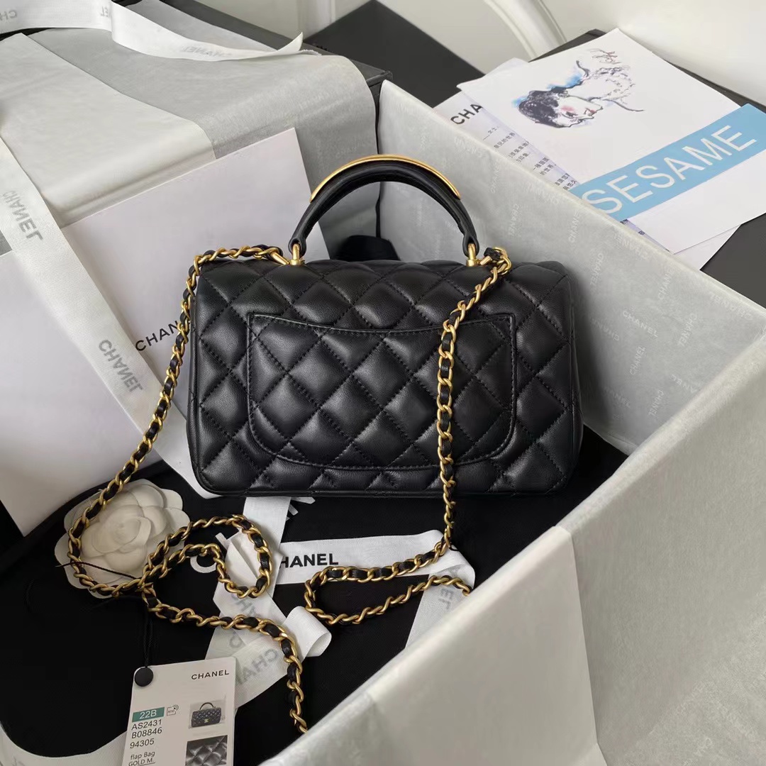 Replica Chanel Lambskin Mini Flap Bag With Top Handle Black As2431