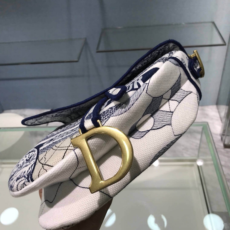 Replica Christian Dior Saddle Bag In Blue Camouflage Embroidery M0446