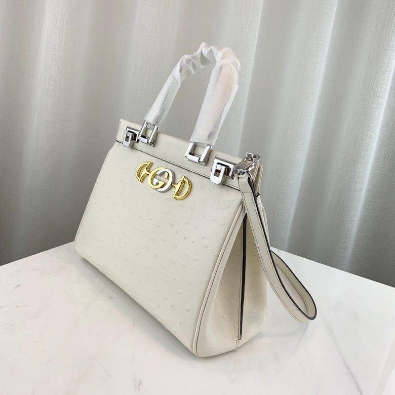 Replica Gucci Zumi Ostrich Leather Medium Top Handle Bag 569712 White