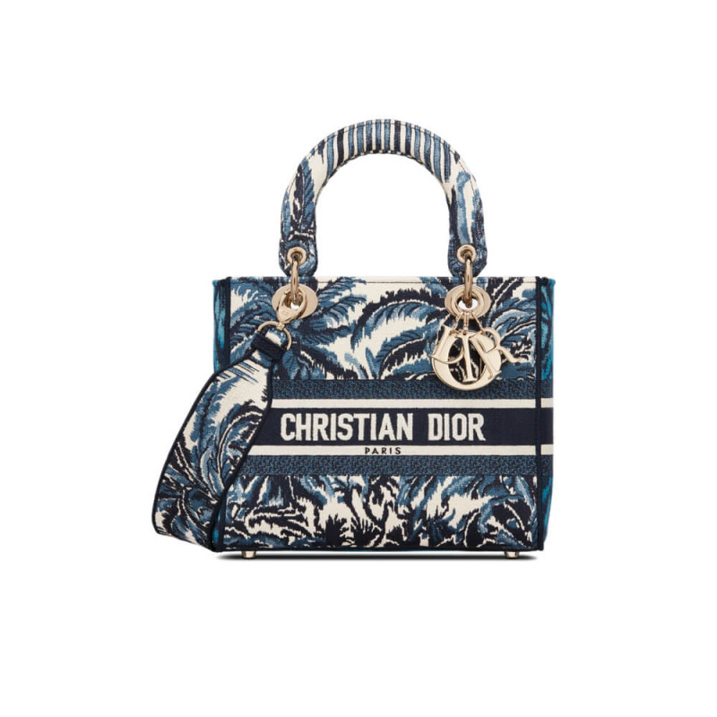 Replica Dior Medium Lady D-Lite Bag Blue Dior Palms Embroidery M0565