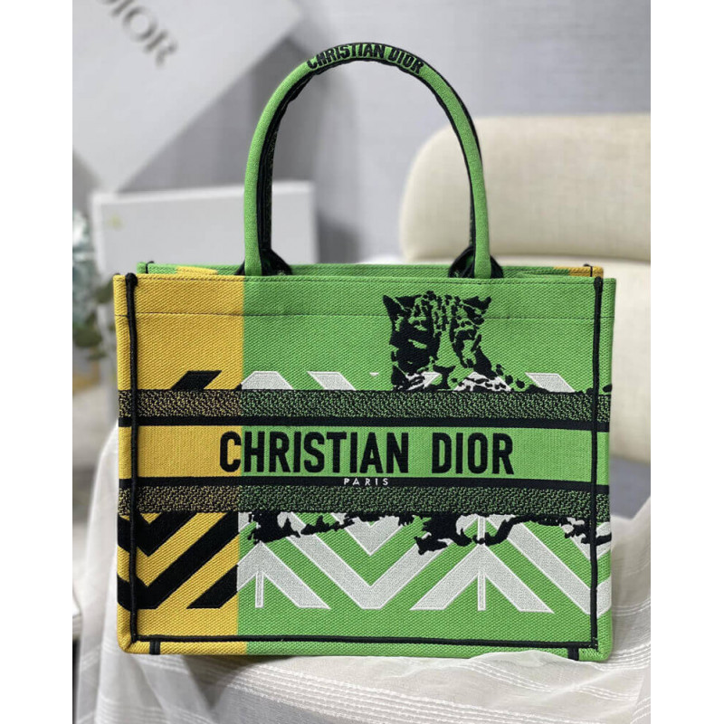 Replica Christian Dior Medium Book Tote Bright Green And Orange D-Jungle Pop Embroidery M1296