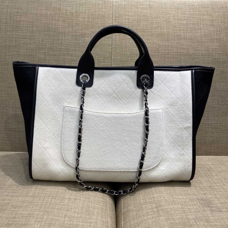 Replica Chanel Wool Felt Deauville Shopping Bag A60598 White/Black