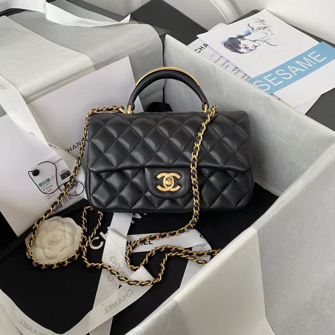 Replica Chanel Lambskin Mini Flap Bag With Top Handle Black As2431