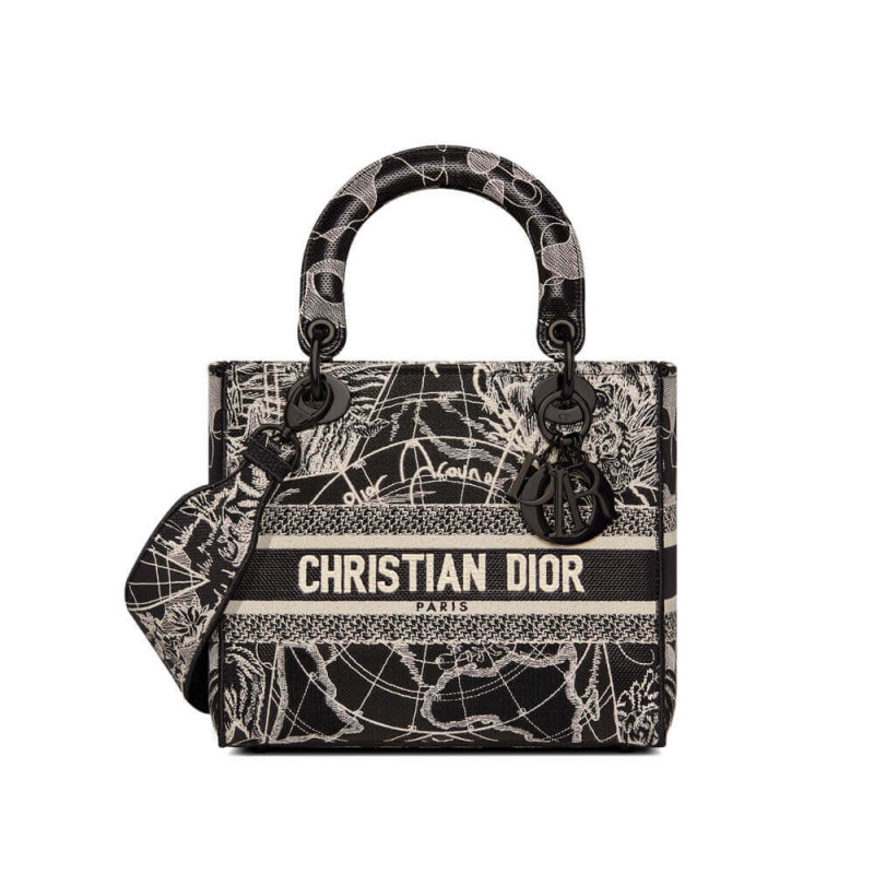 Replica Christian Dior Medium Lady D-Lite Bag Black And White Around The World Embroidery M0565