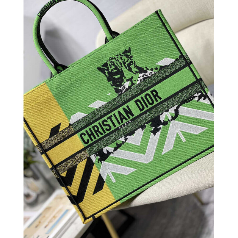 Replica Christian Dior Large Book Tote Bright Green And Orange D-Jungle Pop Embroidery M1286