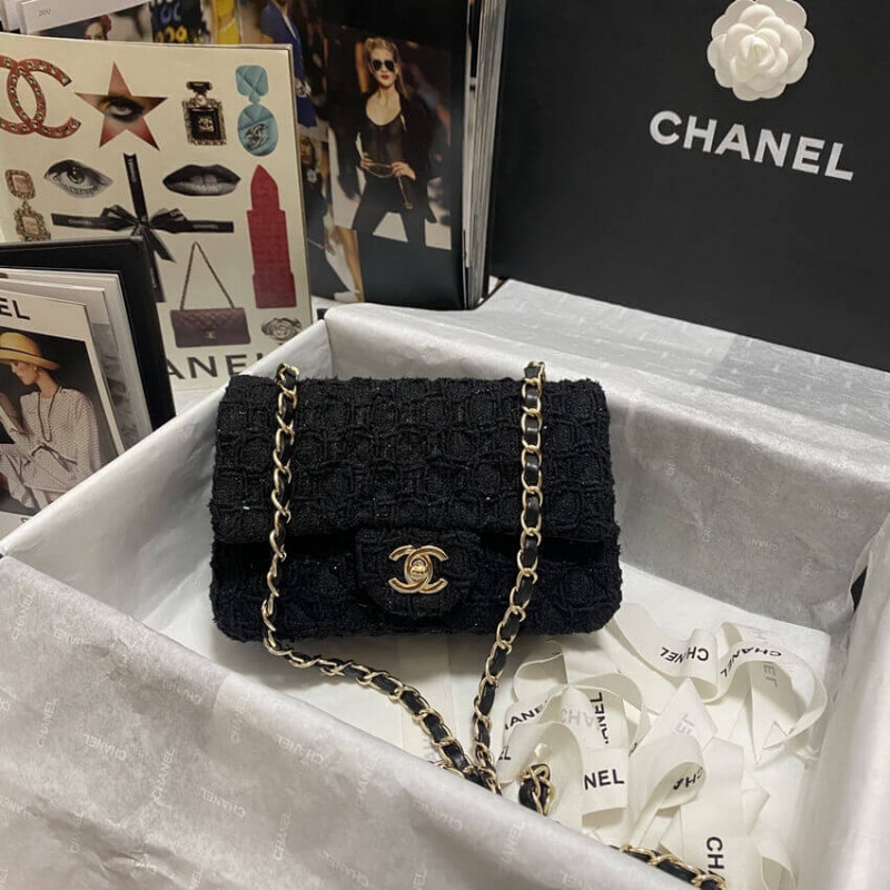 Replica Chanel 20Cm Classic Flap Bag In Black Tweed 1116