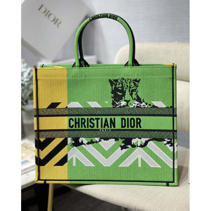 Replica Christian Dior Large Book Tote Bright Green And Orange D-Jungle Pop Embroidery M1286