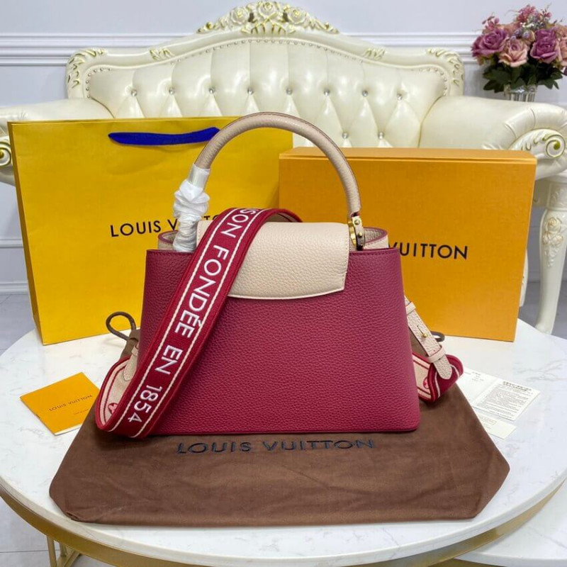 Replica Louis Vuitton Capucines Mm M58610 Eggshell/Lie De Vin Red