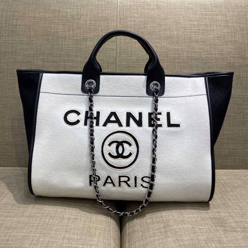 Replica Chanel Wool Felt Deauville Shopping Bag A60598 White/Black