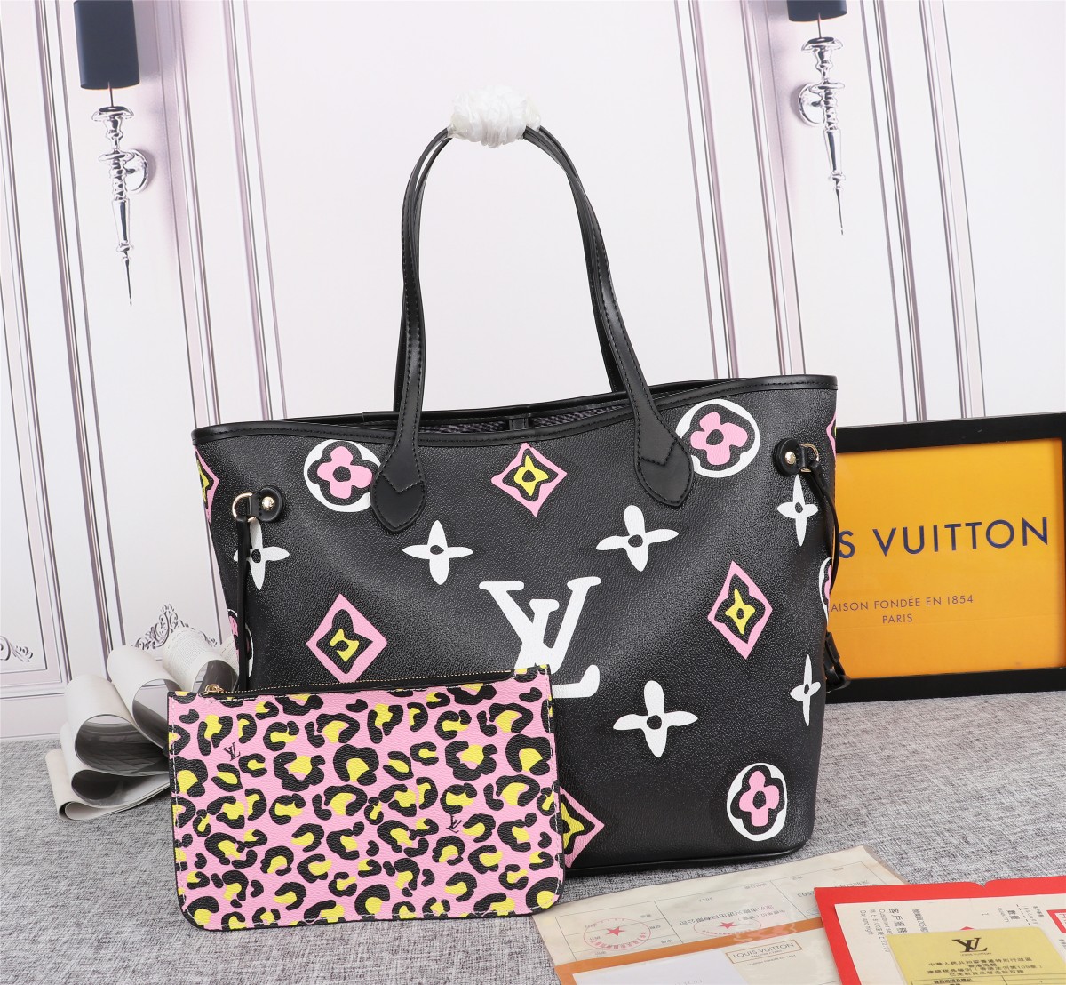Replica Louis Vuitton Aaa-Neverfull Mm Tote Bag Black/White M45818